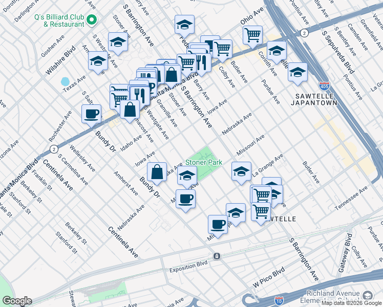 map of restaurants, bars, coffee shops, grocery stores, and more near 1734 Granville Avenue in Los Angeles