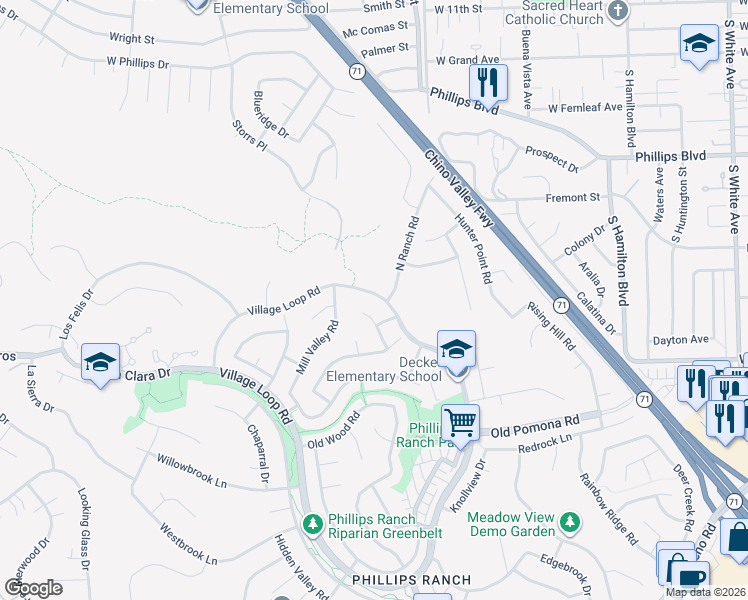 map of restaurants, bars, coffee shops, grocery stores, and more near 35 Village Loop Road in Pomona