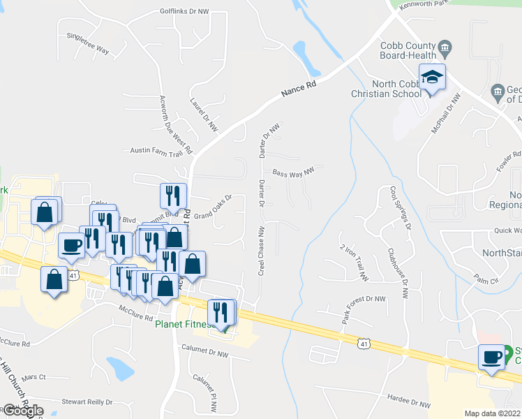 map of restaurants, bars, coffee shops, grocery stores, and more near 450 Darter Drive in Kennesaw