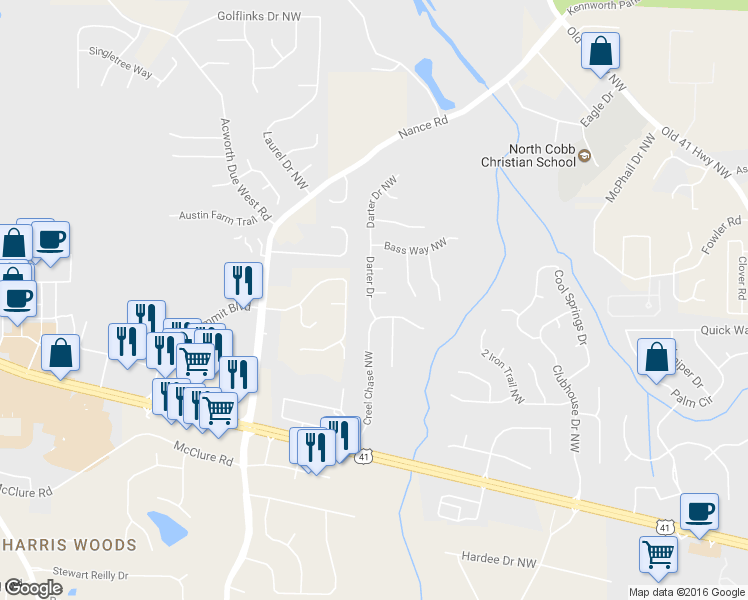 map of restaurants, bars, coffee shops, grocery stores, and more near 418 Darter Drive in Kennesaw