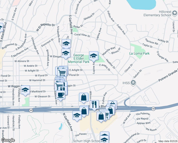map of restaurants, bars, coffee shops, grocery stores, and more near 216 East Arlight Street in Monterey Park
