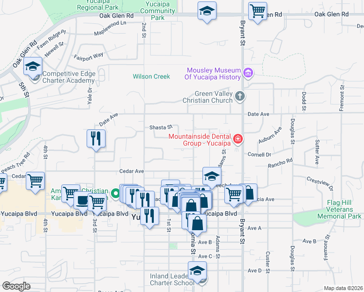 map of restaurants, bars, coffee shops, grocery stores, and more near 35054 Kimberly Lane in Yucaipa