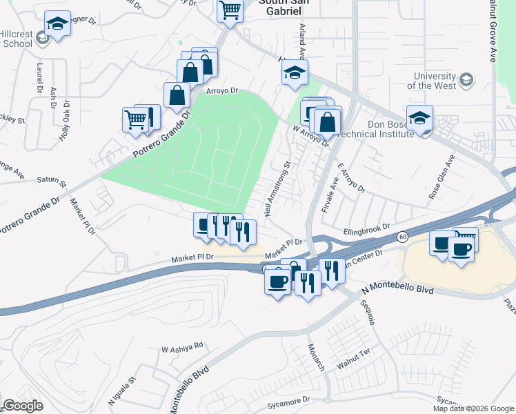 map of restaurants, bars, coffee shops, grocery stores, and more near 1635 Neil Armstrong Street in Montebello