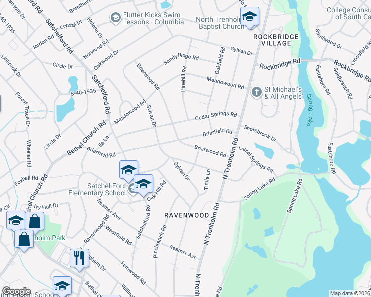 map of restaurants, bars, coffee shops, grocery stores, and more near 4437 Briarwood Road in Columbia
