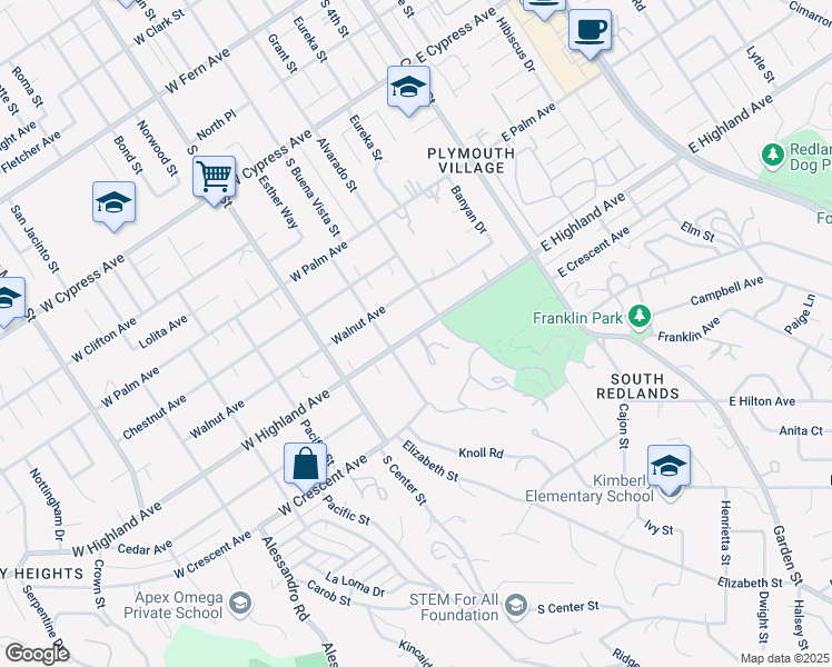 map of restaurants, bars, coffee shops, grocery stores, and more near W Highland Ave & Kimberly Pl in Redlands