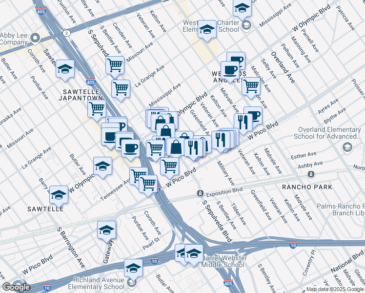 map of restaurants, bars, coffee shops, grocery stores, and more near 2307 South Bentley Avenue in Los Angeles
