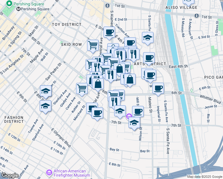 map of restaurants, bars, coffee shops, grocery stores, and more near 570 South Alameda Street in Los Angeles