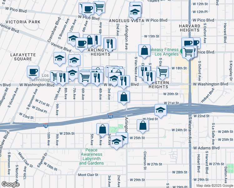map of restaurants, bars, coffee shops, grocery stores, and more near 2001 2nd Avenue in Los Angeles