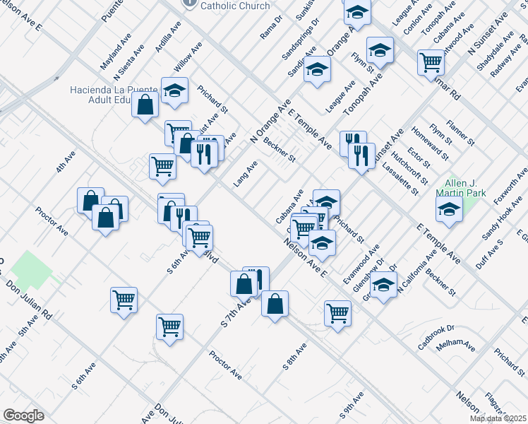 map of restaurants, bars, coffee shops, grocery stores, and more near 309 Tonopah Avenue in La Puente