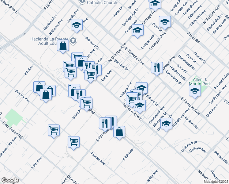 map of restaurants, bars, coffee shops, grocery stores, and more near 309 Tonopah Avenue in La Puente
