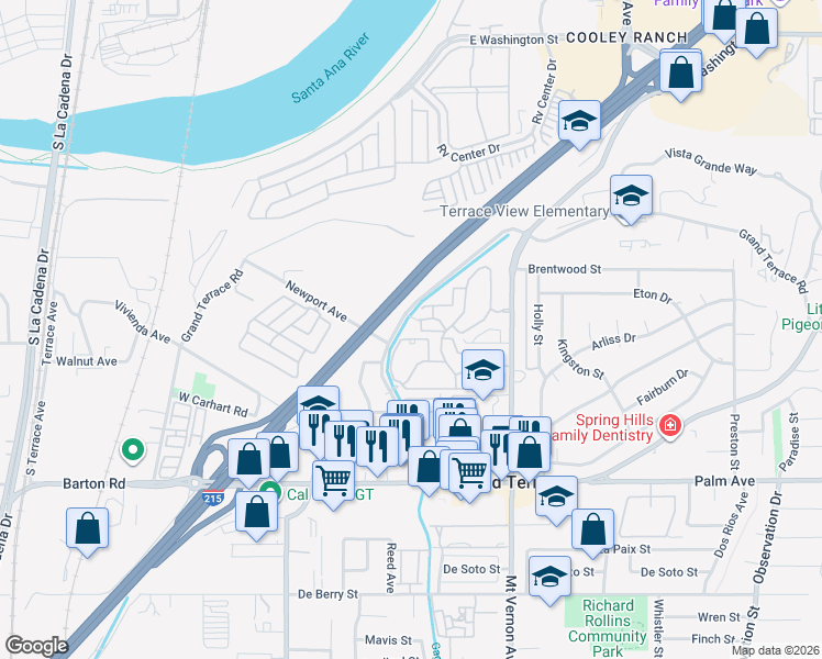 map of restaurants, bars, coffee shops, grocery stores, and more near 11682 Canal Street in Grand Terrace