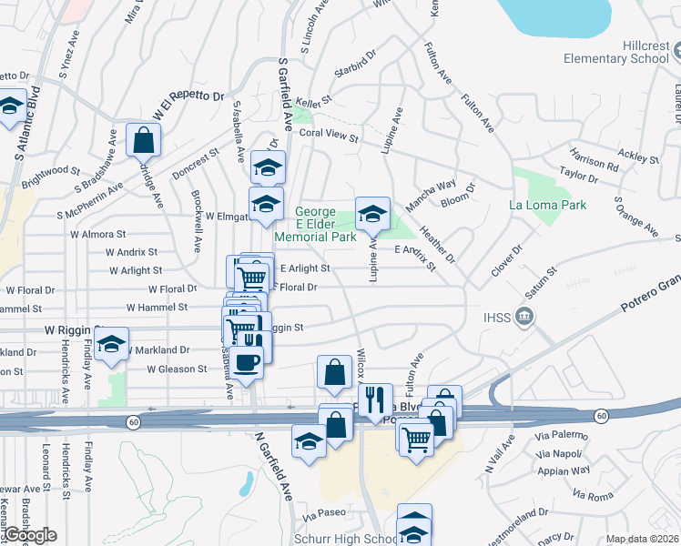 map of restaurants, bars, coffee shops, grocery stores, and more near 201 East Arlight Street in Monterey Park