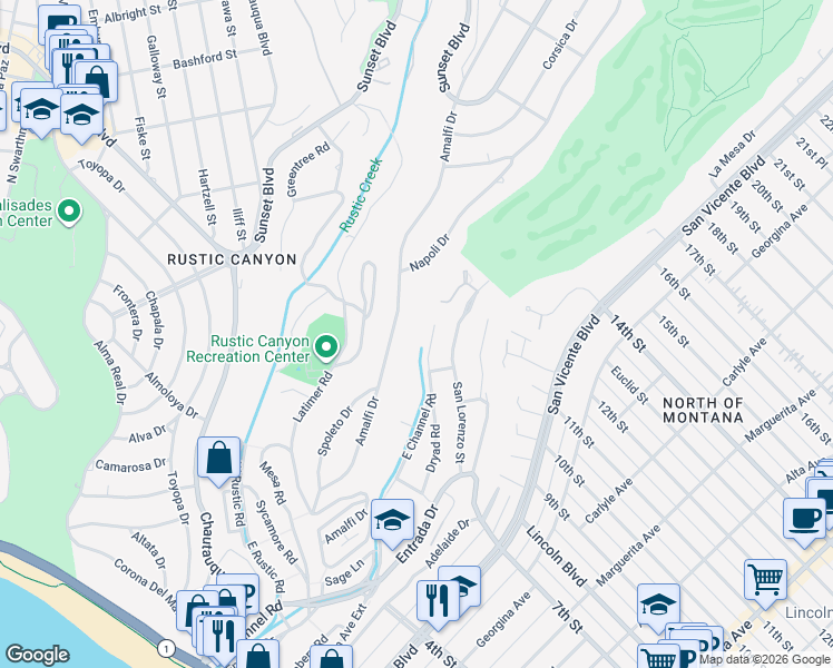 map of restaurants, bars, coffee shops, grocery stores, and more near 659 East Channel Road in Santa Monica