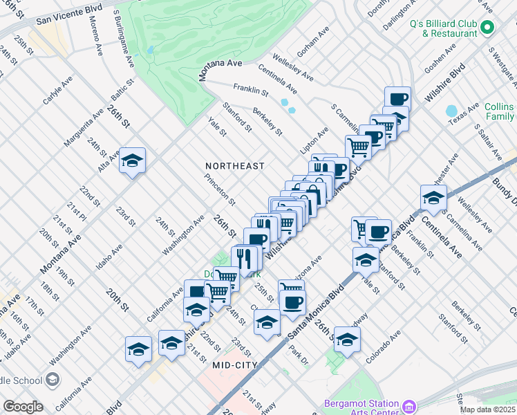 map of restaurants, bars, coffee shops, grocery stores, and more near 1060 Harvard Street in Santa Monica