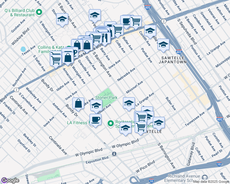 map of restaurants, bars, coffee shops, grocery stores, and more near 11728 Nebraska Avenue in Los Angeles