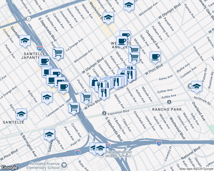 map of restaurants, bars, coffee shops, grocery stores, and more near 2340 Camden Avenue in Los Angeles