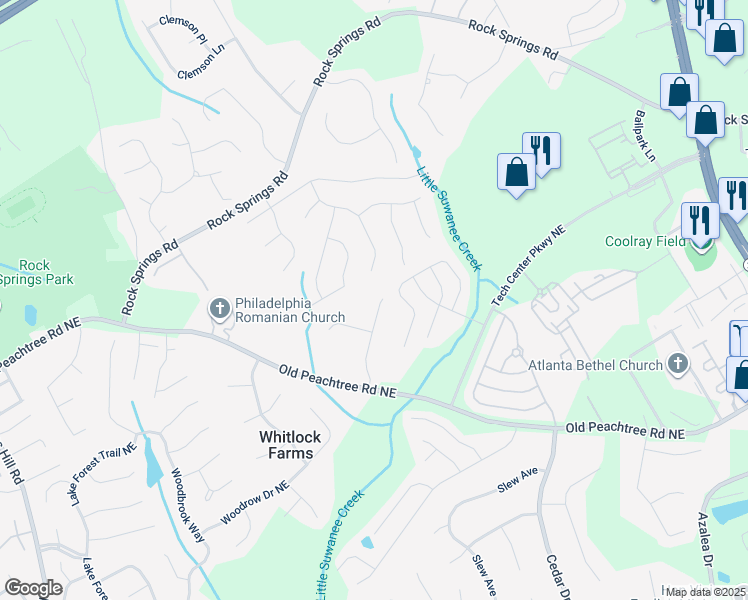 map of restaurants, bars, coffee shops, grocery stores, and more near 2700 Sandstone Drive in Lawrenceville