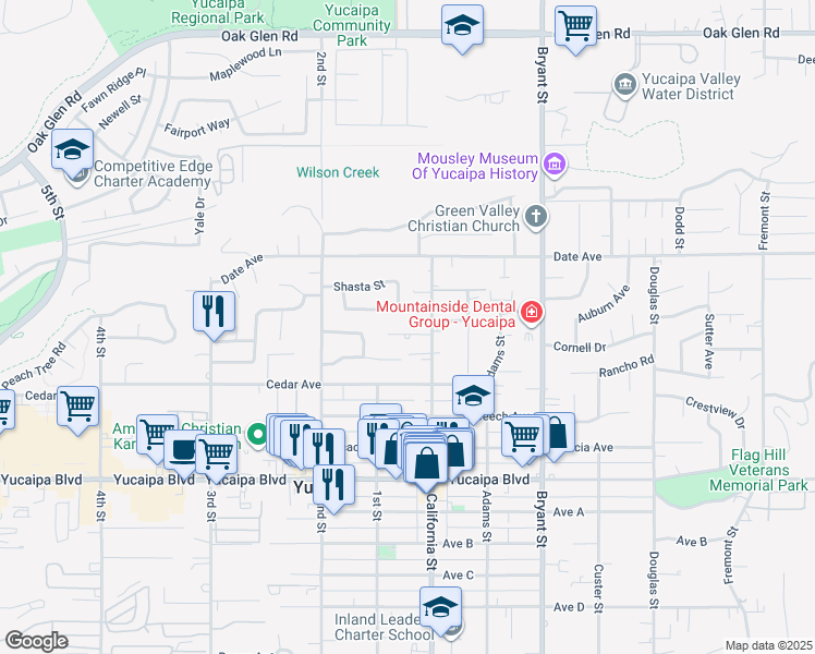 map of restaurants, bars, coffee shops, grocery stores, and more near 35054 Kimberly Lane in Yucaipa