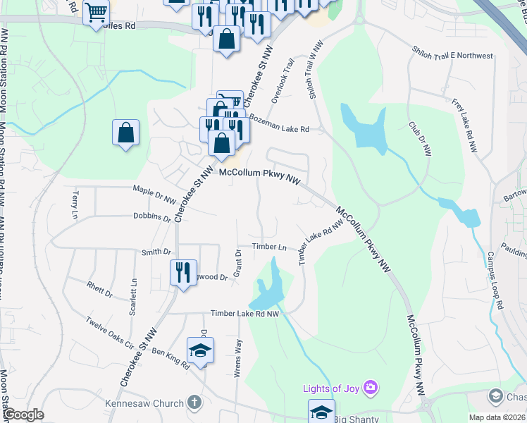 map of restaurants, bars, coffee shops, grocery stores, and more near 3560 Kennesaw Station Drive in Kennesaw