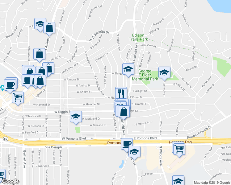 map of restaurants, bars, coffee shops, grocery stores, and more near 2049 Fernbank Avenue in Monterey Park