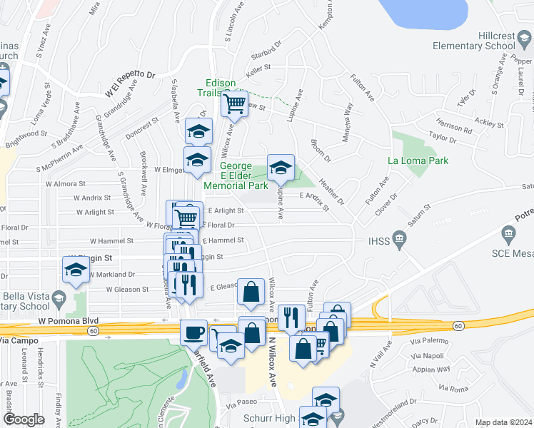 map of restaurants, bars, coffee shops, grocery stores, and more near 216 East Arlight Street in Monterey Park