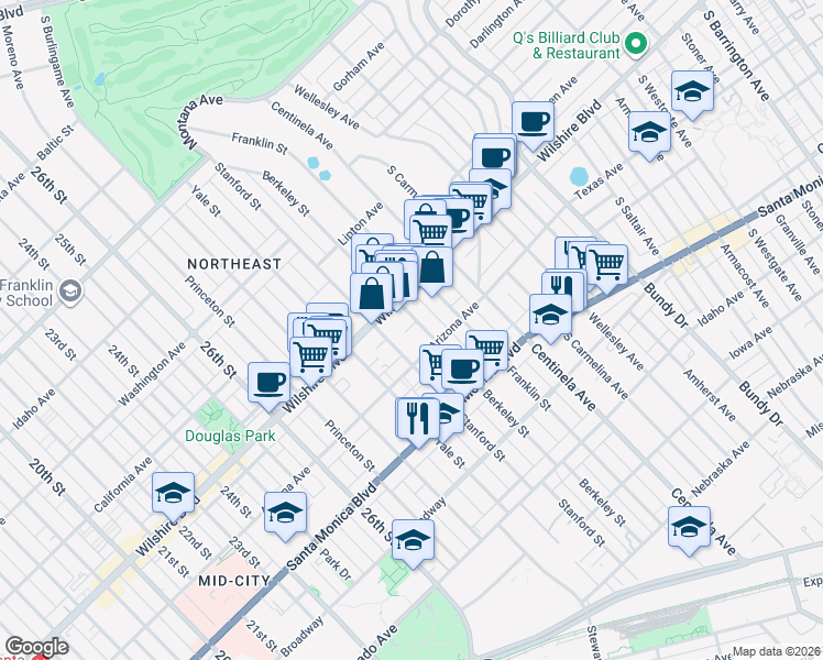 map of restaurants, bars, coffee shops, grocery stores, and more near 1230 Berkeley Street in Santa Monica
