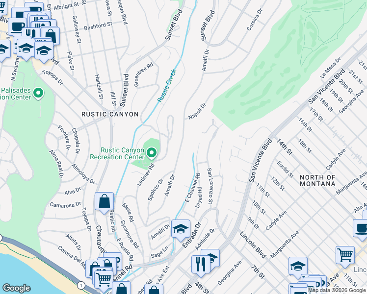 map of restaurants, bars, coffee shops, grocery stores, and more near 644 Amalfi Drive in Los Angeles