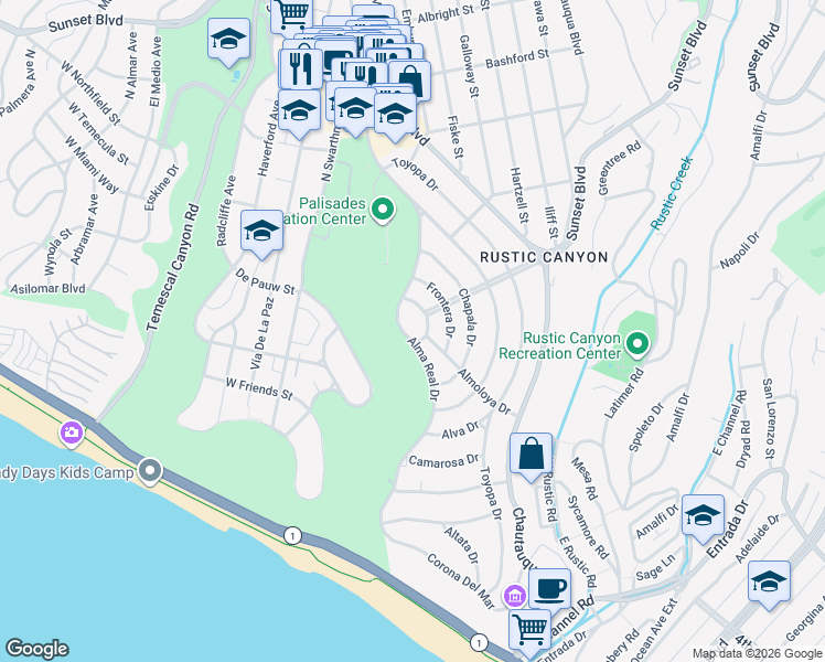 map of restaurants, bars, coffee shops, grocery stores, and more near 614 Alma Real Drive in Los Angeles