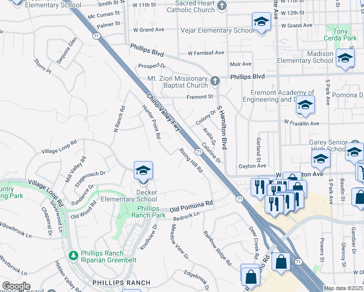 map of restaurants, bars, coffee shops, grocery stores, and more near 64 Rising Hill Road in Pomona