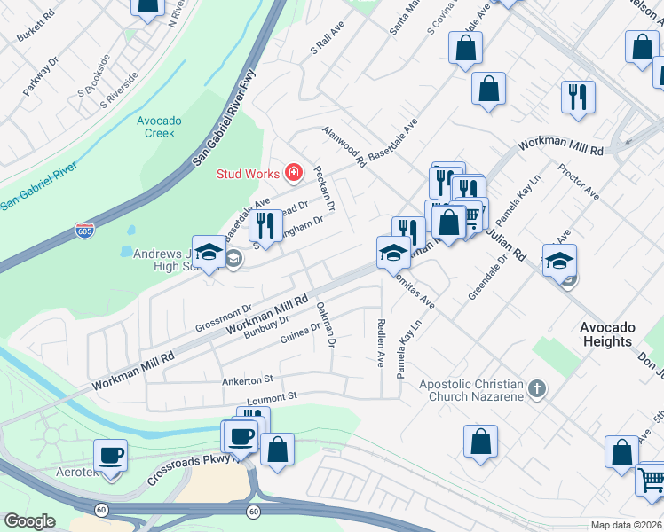 map of restaurants, bars, coffee shops, grocery stores, and more near 810 Dovey Avenue in Whittier
