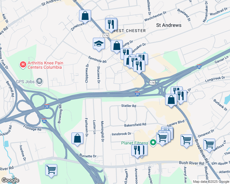map of restaurants, bars, coffee shops, grocery stores, and more near 713 Old Manor Road in Columbia
