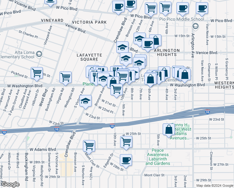 map of restaurants, bars, coffee shops, grocery stores, and more near 4050 West Washington Boulevard in Los Angeles