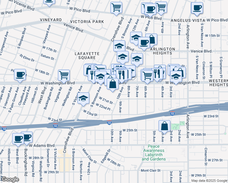 map of restaurants, bars, coffee shops, grocery stores, and more near 4050 West Washington Boulevard in Los Angeles