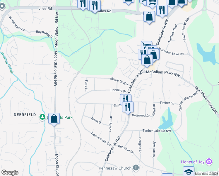map of restaurants, bars, coffee shops, grocery stores, and more near 1962 Dobbins Drive in Kennesaw