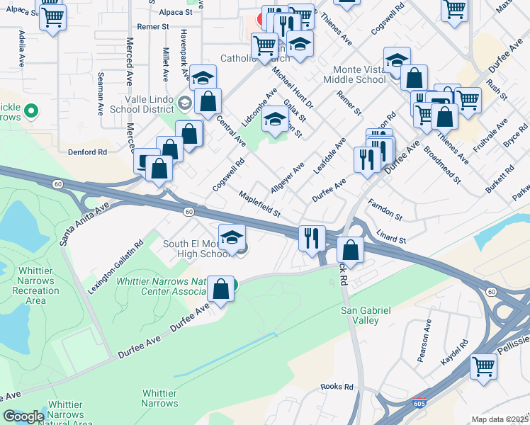map of restaurants, bars, coffee shops, grocery stores, and more near 1318 Allgeyer Avenue in El Monte