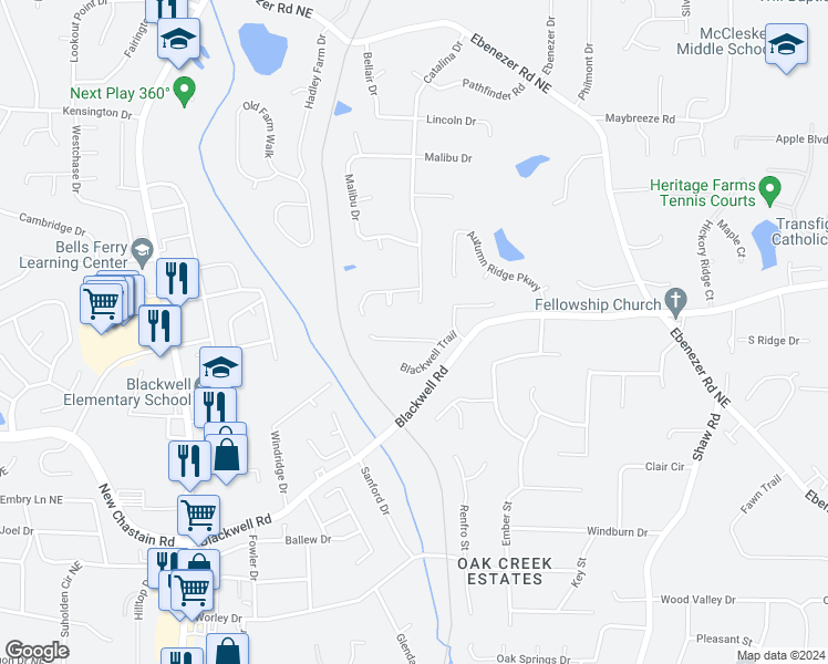 map of restaurants, bars, coffee shops, grocery stores, and more near 923 Blackwell Court in Marietta