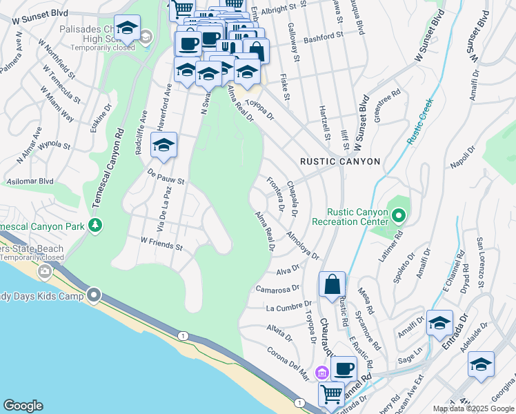 map of restaurants, bars, coffee shops, grocery stores, and more near 614 Alma Real Drive in Los Angeles