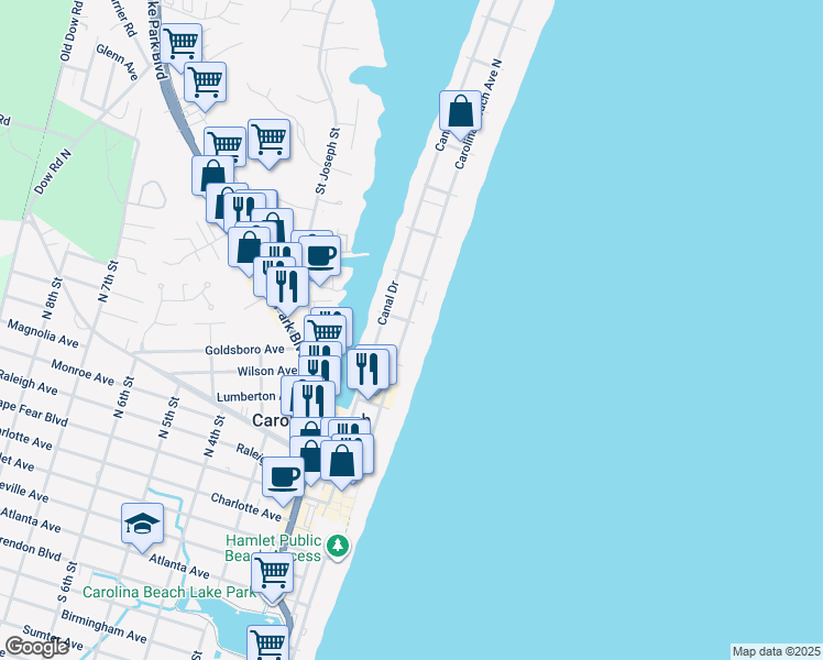 map of restaurants, bars, coffee shops, grocery stores, and more near 418 Carolina Beach Avenue North in Carolina Beach