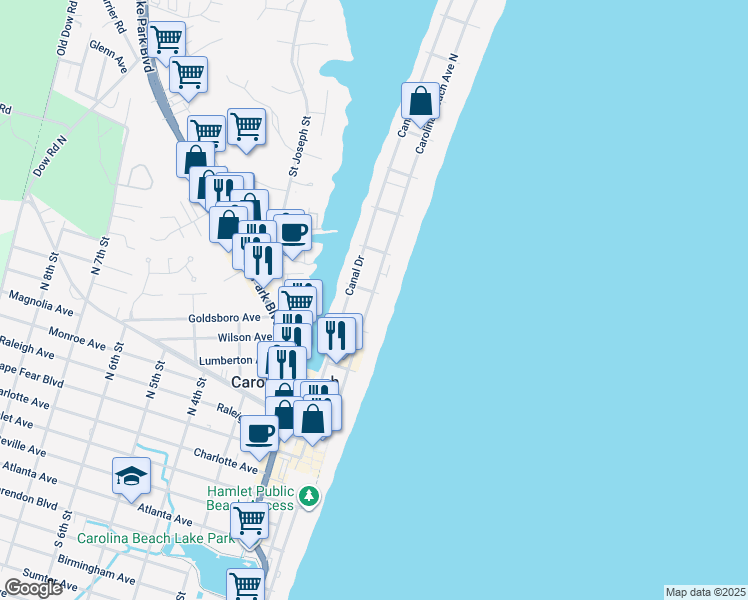 map of restaurants, bars, coffee shops, grocery stores, and more near 418 Carolina Beach Avenue North in Carolina Beach