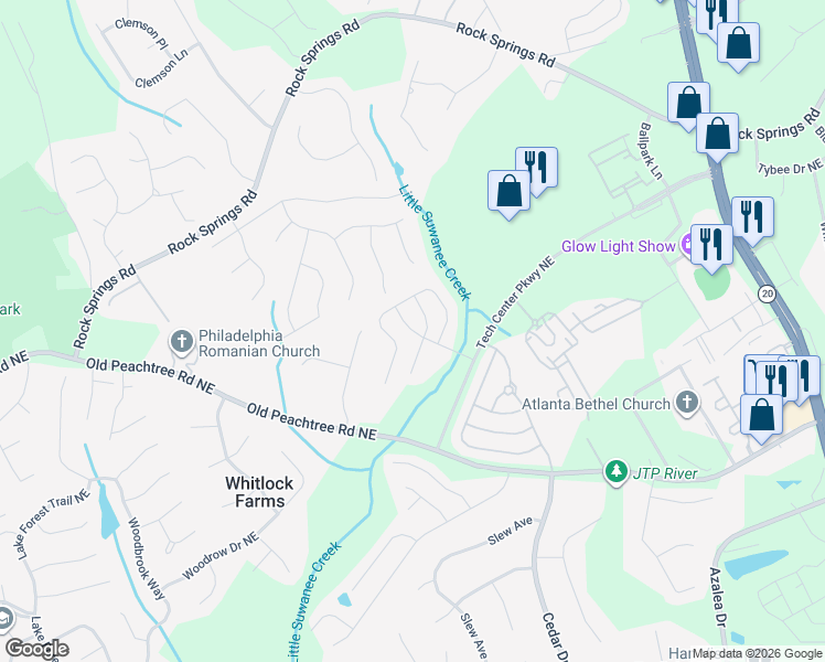 map of restaurants, bars, coffee shops, grocery stores, and more near 963 Pierce Brennen Drive Northeast in Lawrenceville