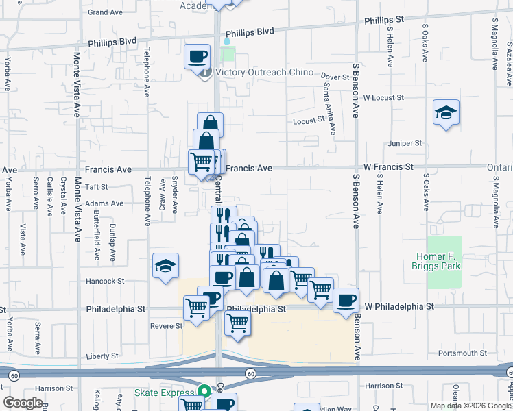 map of restaurants, bars, coffee shops, grocery stores, and more near 5402 Adams Court in Chino