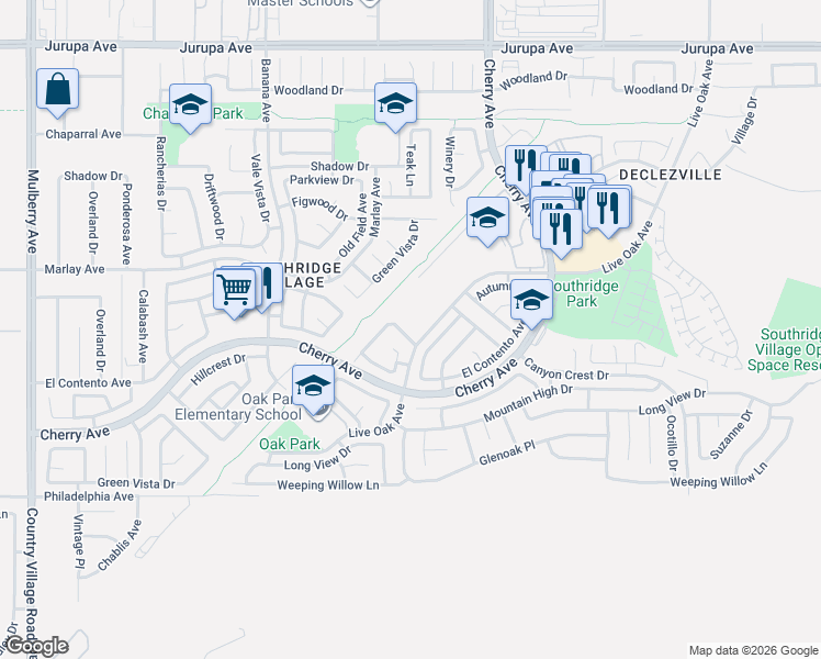 map of restaurants, bars, coffee shops, grocery stores, and more near 14342 Praderas Drive in Fontana