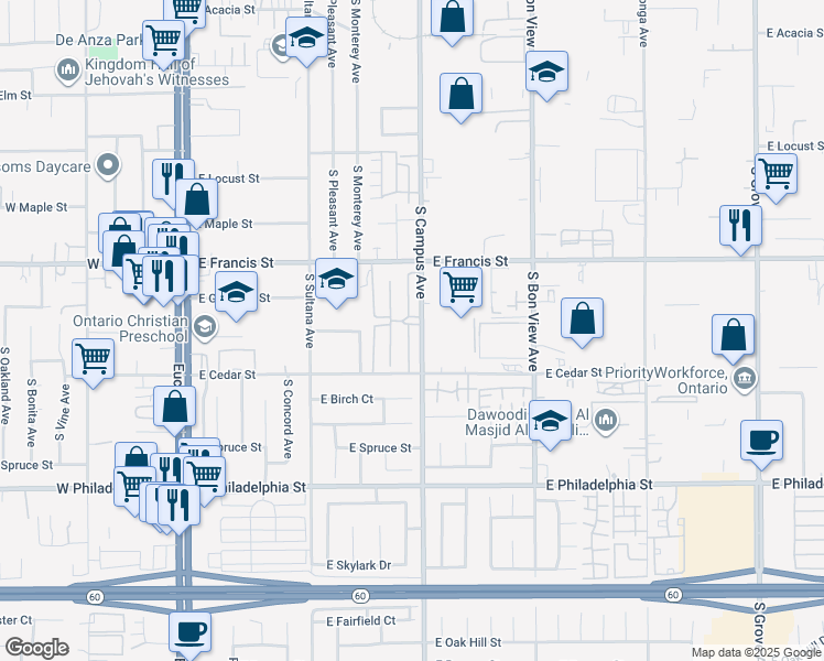map of restaurants, bars, coffee shops, grocery stores, and more near 1900 South Campus Avenue in Ontario
