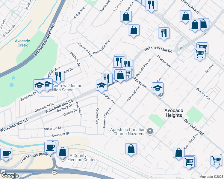 map of restaurants, bars, coffee shops, grocery stores, and more near 13532 Deepriver Drive in Whittier