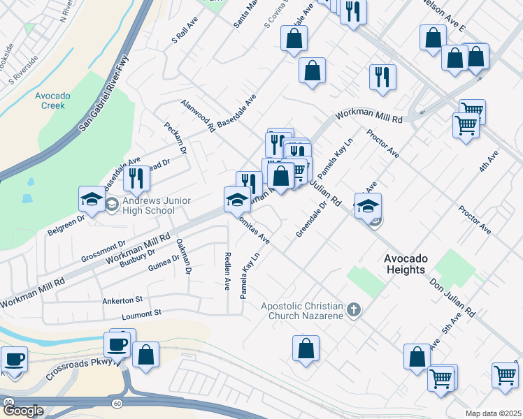 map of restaurants, bars, coffee shops, grocery stores, and more near 635 Francine Street in La Puente
