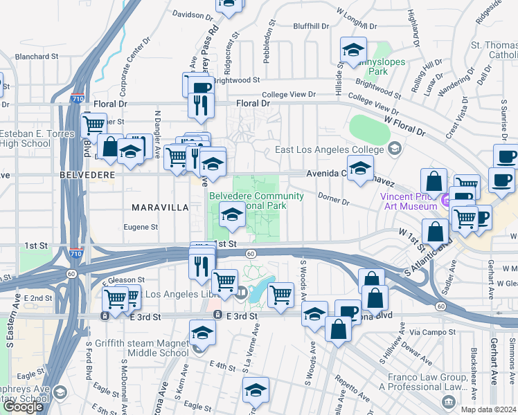 map of restaurants, bars, coffee shops, grocery stores, and more near 2339 Vancouver Avenue in Monterey Park