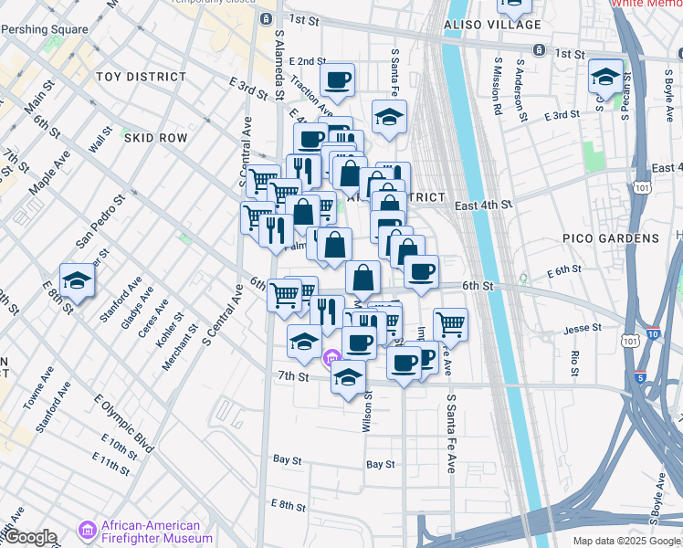 map of restaurants, bars, coffee shops, grocery stores, and more near 1240 Palmetto Street in Los Angeles