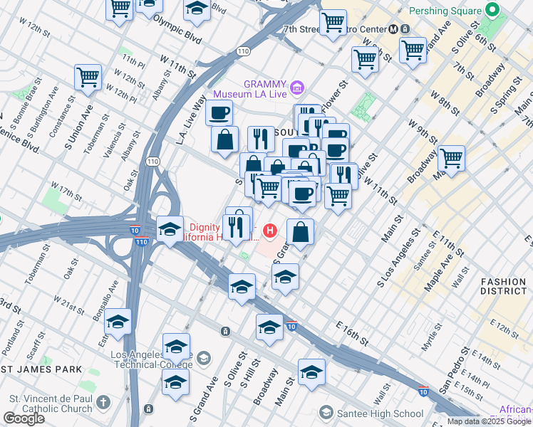 map of restaurants, bars, coffee shops, grocery stores, and more near 508 West Pico Boulevard in Los Angeles