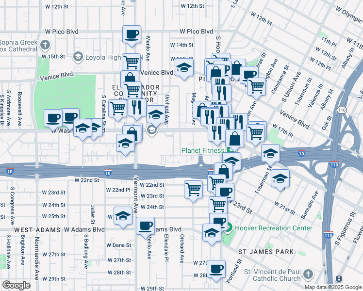 map of restaurants, bars, coffee shops, grocery stores, and more near 1408 West Washington Boulevard in Los Angeles