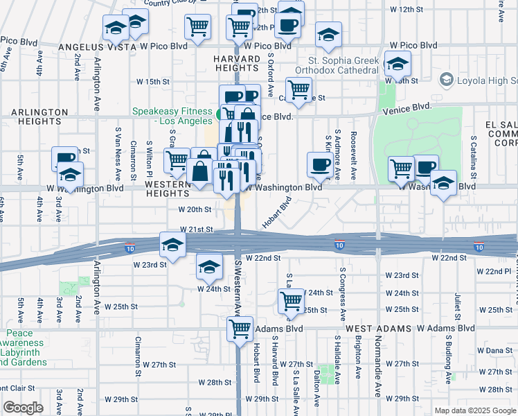 map of restaurants, bars, coffee shops, grocery stores, and more near 1915 South Oxford Avenue in Los Angeles